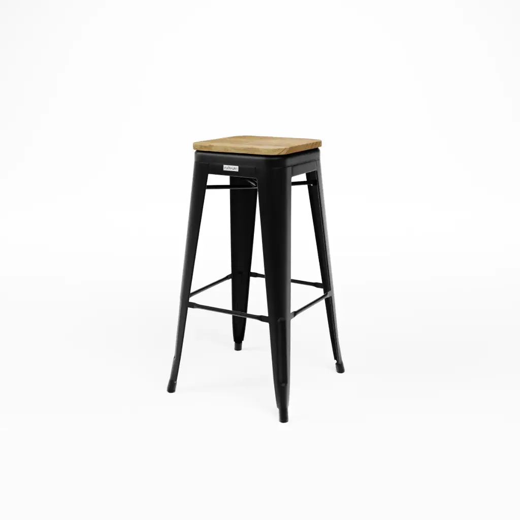 Barkruk Tolix- zwart- houten zitje 
